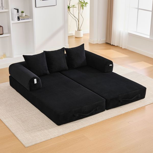 Sofa 200 x 94 x 67 cm, ausziehbar auf 200 x 190 x 43 cm, Schwarz, Corduroy, modulares Design mit Metallgestell