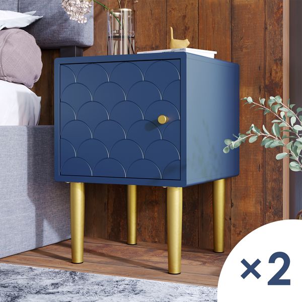 Nachttisch 50 x 35 x 35 cm mit Schublade und Fischschuppenmuster – Nachttisch in Marineblau mit champagnerfarbenen Metallbeinen