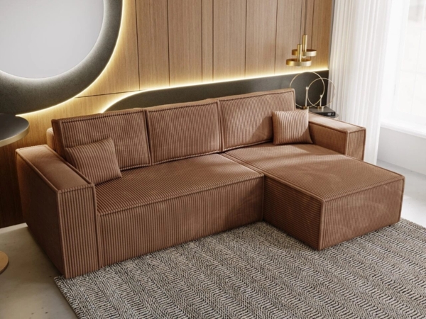 GrainGold Ecksofa L-Form PRATO mit Schlaffunktion und Bettkasten - Braun, Rechts, Polyurethanschaum, Wellfedern Bild 2