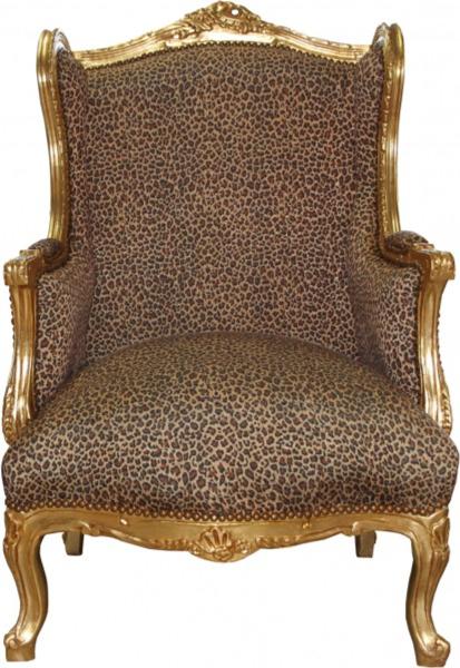 Casa Padrino Barock Lounge Thron Sessel Leopard / Gold Mod2 - Ohren Sessel - Ohrensessel Tron Stuhl