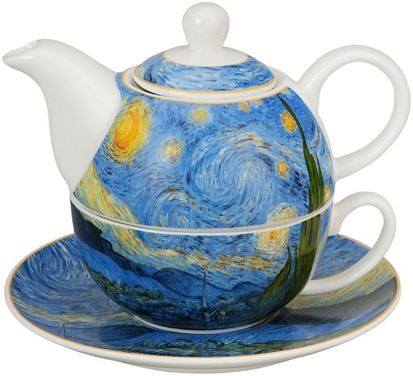 DUO ART GALLERY Teekanne mit Tasse und Teesieb STARRY NIGHT inspired by Van Gogh, New Bone China Porzellan