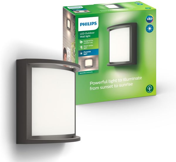 Philips Samondra Outdoor-LED-Leuchte, Wandleuchte, Außenbeleuchtung, 12 W, 1.300 lm, 2.700 K Warmweißes Licht, Integrierte LED, IP44-Wetterfest, Langlebig, Aluminium, Modernes Design, Anthrazitgrau