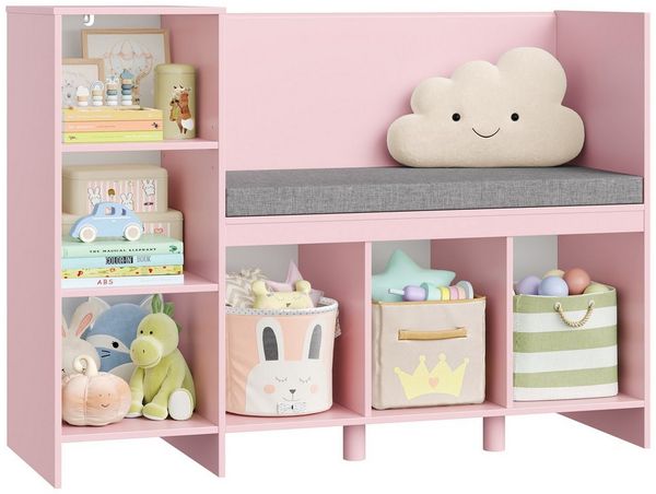 HOMECHO Spielzeugtruhe, Bücherregal Kinder mit Kissen und 6 Ablagefächern Weiß