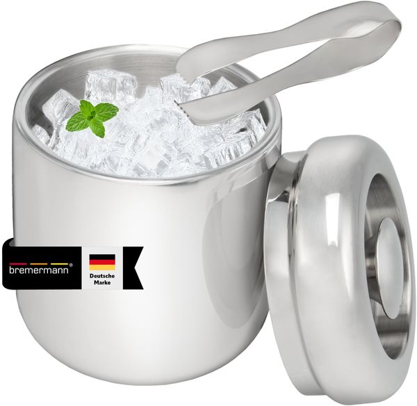 Eiswürfelbehälter mit Zange, Edelstahl-Eiskübel mit Deckel 1,5l, rund