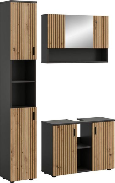 welltime Badmöbel-Set MANI, 3-tlg. Badkombination, Paneeloptik, (Set, 3-St, Set, best, aus: 1Badschrank,1Spiegelschrank,1Waschbeckenunterschrank), Bad-Kombination, Bad-Möbel, Badezimmer, Kombination, Kombi