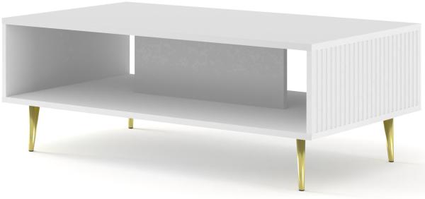 Domando Couchtisch Moneglia Klassisch Breite 90cm, besondere Fräsoptik, goldene Füße in Weiß Matt und Goldfüße