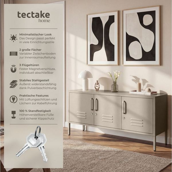 tectake Lowboard Sideboard, Kippschutz, höhenverstellbare Füße, 120 x 37,5 x 55,5 cm (Schrank Baker, in taupe), 5 Türen mit Magnetverschluss, Zwischenboden verstellbar, Kabelführung