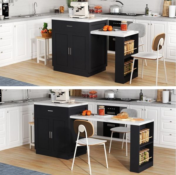 Flieks Kücheninsel mit ausziehbarem Esstisch, (Multifunktionale Küchenschrank mit Schubladen und Regalen, ausziehbar Arbeitsplatte L62,5-131cm), Küchenbuffet mit Steckdose und USB-Anschluss, Küchentisch mit Rollen