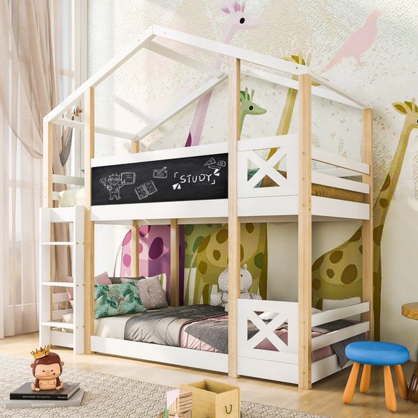 Hochbett Liegefläche 90x200 cm aus Kiefer-Holzmaterial und MDF, mit Rausfallschutz, Leiter und Tafel in Weiß