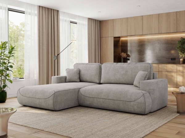 Ecksofa OVO mit schlaffunktion und bettkasten, Wellenfeder, lose Kissen, L-form 271x195 cm - Hellgrau Struktur - linke Seite