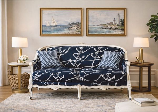 Casa Padrino Luxus Barock Sofa Blau / Weiß 148 cm - Barock Möbel - Made in Italy