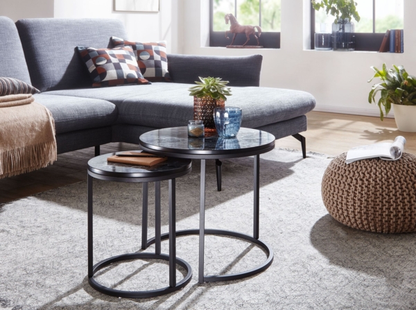 Design Beistelltisch 2er Set Schwarz Marmor Optik Rund, Couchtisch 2-teilig Tischgestell Metall , Kleine Wohnzimmertische, Moderne Satztische Bild 3
