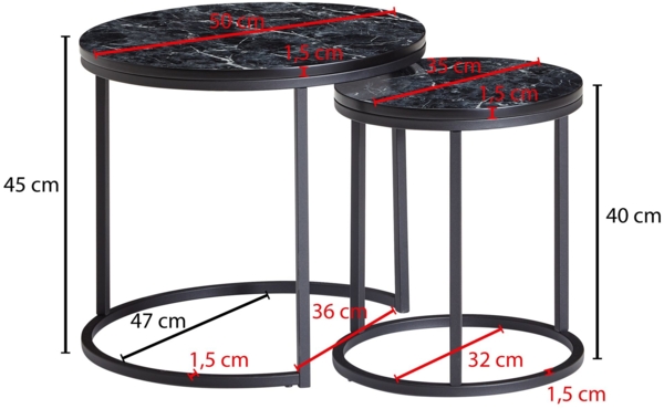 Design Beistelltisch 2er Set Schwarz Marmor Optik Rund, Couchtisch 2-teilig Tischgestell Metall , Kleine Wohnzimmertische, Moderne Satztische Bild 4