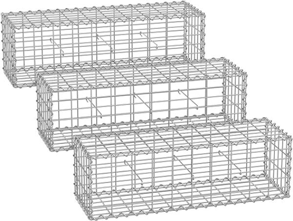 Gabionenkorb,100 x 30 x 30 cm,3er Set, Metall-Steinkorb mit 5 x 10 cm Maschenweite für Mauersteine, verzinkt, Steingabione Mauer, silber GGB333