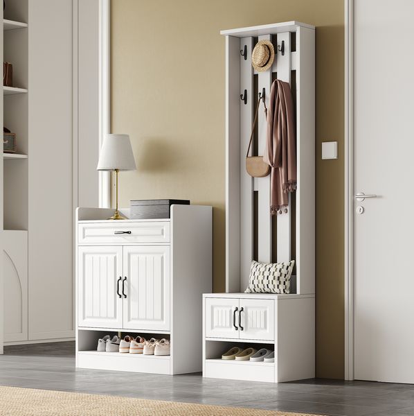 Garderobenset 125 x 36 x 190 cm mit Schuhschrank, Sitzbank und Kippsicherung – Flurmöbel in Weiß