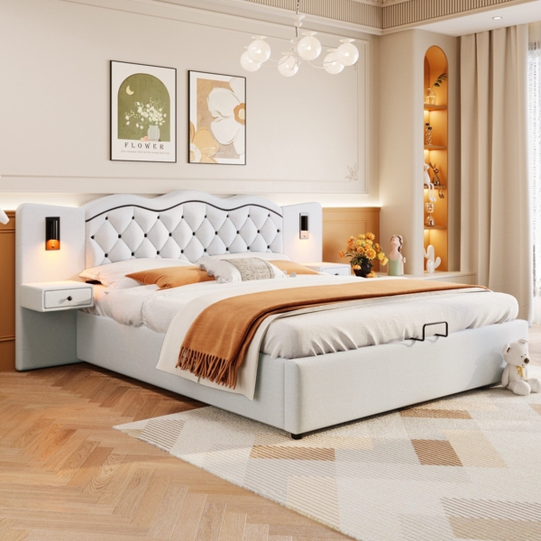 Polsterbett inkl. LED-Beleuchtung und Nachtische (180x200 cm), gepolsterter Kopfteil, USB Anschlüssen, Doppelbett, Leinen