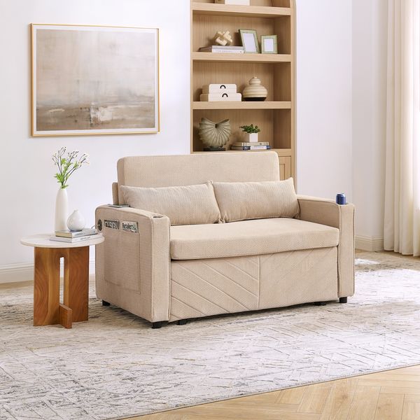 Schlafsofa Beige aus Stoff mit Holzgestell, 3-in-1 mit Schlaffunktion, Ruheliege und USB-Anschluss,73 x 195 x 134 cm