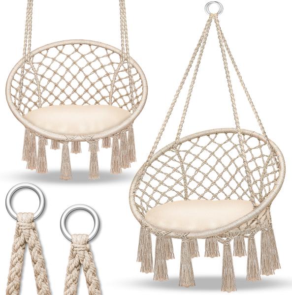tillvex® Hängesessel Beige 150kg zum Aufhängen | Hängestuhl Indoor | Hängekorb | Schaukelkorb mit Kissen