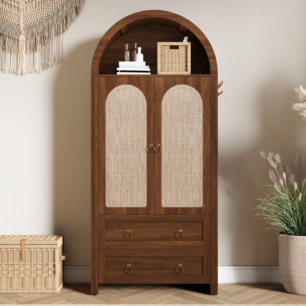 Merax Sideboard im Korbgeflecht-Bogenstil, , Doppelschubladen, Vintage-Sideboard für Wohn- und Schlafzimmer, Aufbewahrungsschrank, Nussbaum