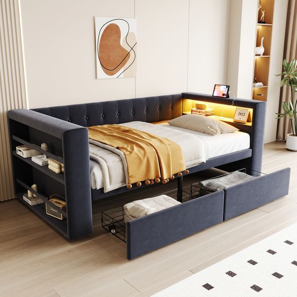 Polsterbett 90×190 cm, mit LED-Beleuchtung, Steckdose und großem Stauraum, mit geräumigen Schubladen, Polsterbett, Multifunktionalem Schlafsofa, Einzelbett, Dunkelgrau