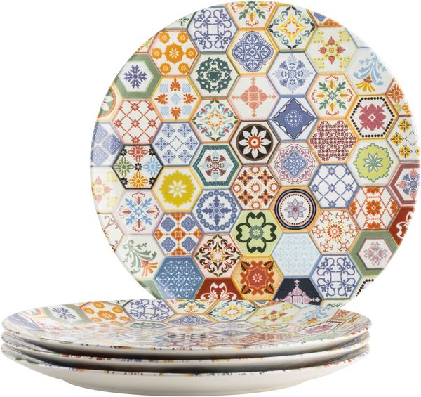 Große runde Platzteller mit besonderem Fliesendekor im 4er Set, ideal auch als Pizzateller, Servierteller und Dekoteller, 4 Jumbo Teller aus hochwertiger Keramik