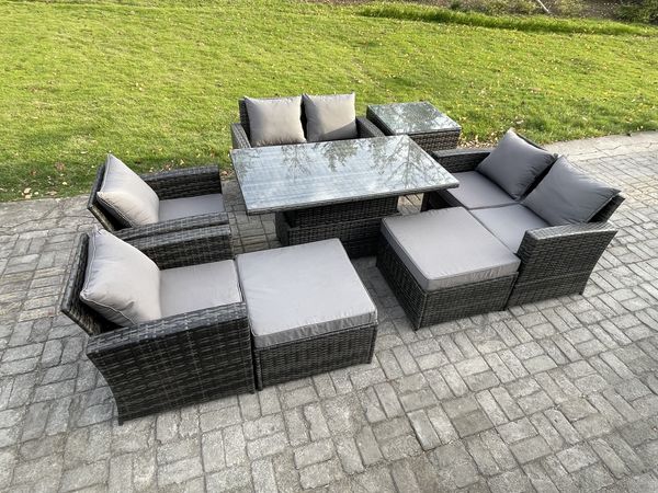 Fimous Gartenmöbel-Set im Freien 8 Stücke Polyrattan Möbel Sofa Esstisch Set mit 2 Großer Fußhocker Beistelltische Dunkelgrau Gemischt