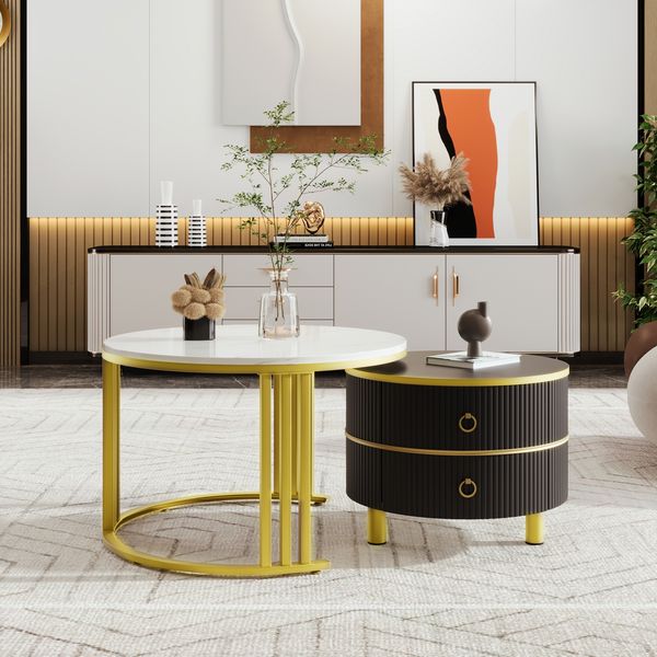 Couchtisch-Set rund, MDF mit 2 Schubladen & Hochglanz, 70 x 70 x 46 + 50 x 50 x 40 cm, Schwarz