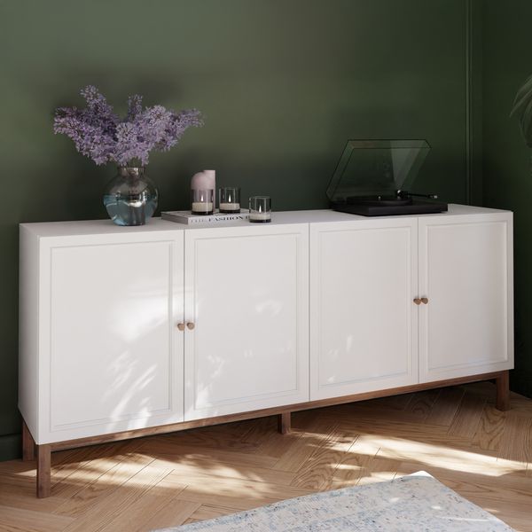 Forte PENKRIDGE Sideboard 200, Landhaus Sideboard mit 4 Türen, Holzwerkstoff, Wohnzimmer, Esszimmer, Secret Grey mit Schlammeiche Holzdekor, 199,3 cm breit x 85,4 cm hoch x 41,7 cm tief