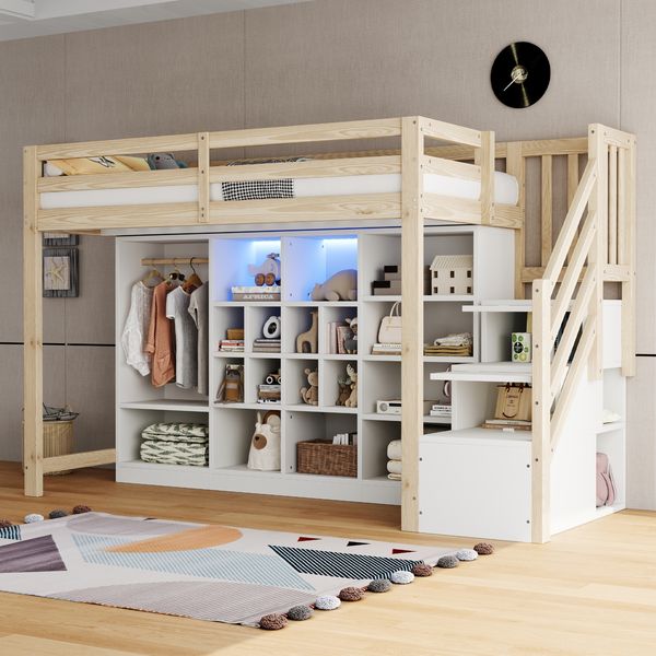 Hochbett 90 x 200 cm, Mit Stauraumschränken Mit Mehreren Fächern und Einem Einfachen Kleiderschrank, Mit LED-Beleuchtung,Bettgestell und Integrierter Seitenleiter Mit Stauraum, Holzfarbe
