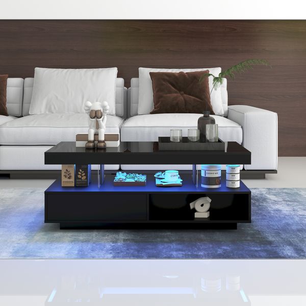 Couchtisch 95x50x42,5 cm Schwarz Hochglanz mit LED-Beleuchtung und App-Steuerung, mit 2 Schubladen, 2 offenen Fächern