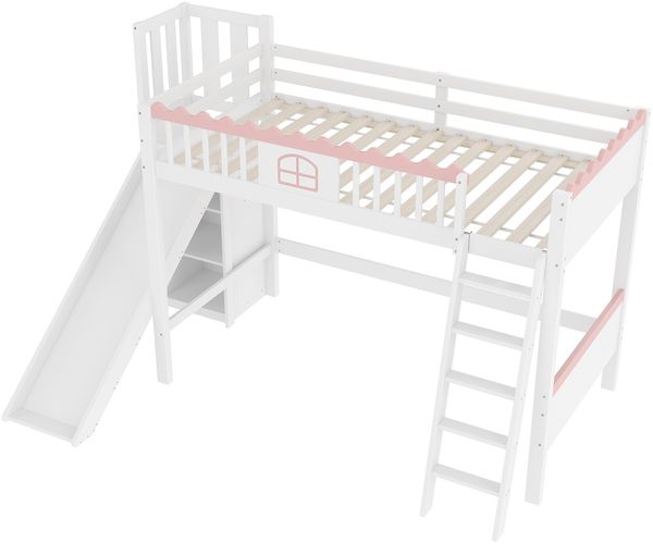 Merax Hochbett, Einzelbett(Ohne Matratze), Kinderbett, mit LED-Leuchten, mit Regalen, mit Rutsche, EN747 zertifiziert, Kiefernholz, 90x200cm, Weiß Bild 8