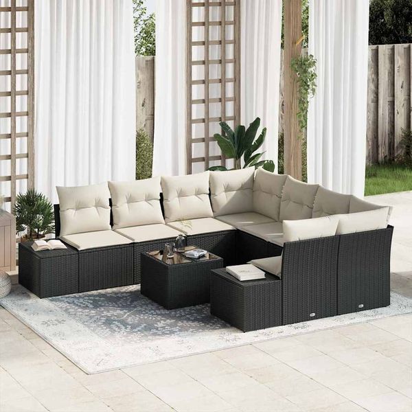 vidaXL Garten-Sofa-Set mit Kissen 9 pcs Schwarz und Creme Poly-Rattan 3355666