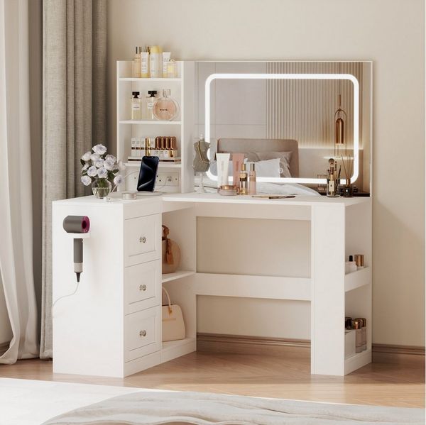 YOUDENOVA Schminktisch mit LED-Spiegel & Steckdose, 120*80cm, Weiß (1-St), L-förmiges Eckdesign, Großer LED-Spiegel mit dimmbarer Beleuchtung