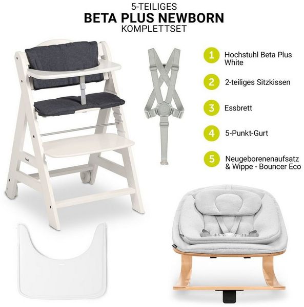 Hauck Hochstuhl Beta Plus White Newbornset Eco - Light Grey (Set), Holz Babystuhl ab Geburt mit Neugeborenensufsatz, Sitzkissen, Essbrett