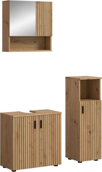 welltime Badmöbel-Set MANI, 3-tlg. Badkombination, Paneeloptik, (Set, 3-St, Set, best. aus:1Badschrank, 1Spiegelschrank, 1Waschbeckenunterschrank), Bad-Kombination, Bad-Möbel, Badezimmer, Kombination, Kombi