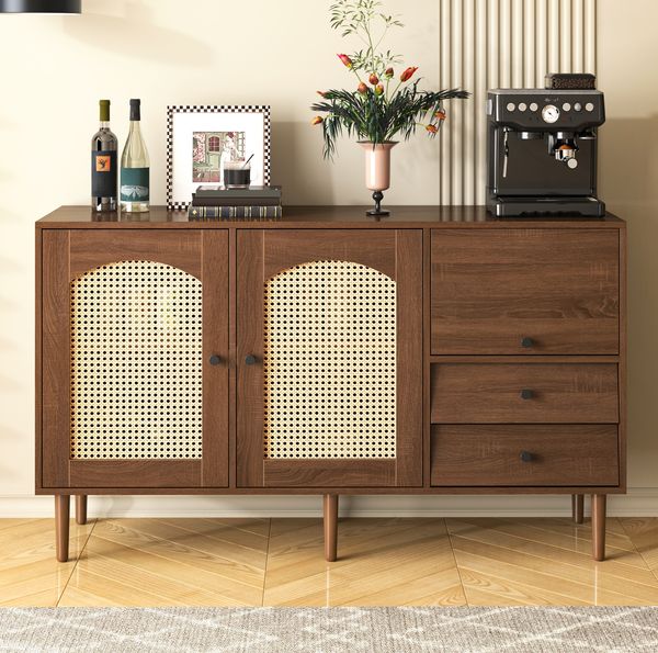 Sideboard 130x75,5x40 cm im Landhausstil mit Rattantüren – flexible Einlegeböden und stabile Struktur
