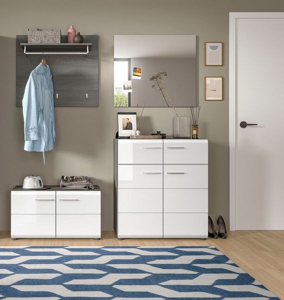 INOSIGN Garderoben-Set Rumba, 4-teilig, Breite 175 cm, Hochglanz Front, bestehend aus:, (4-St), Sitzbank, Garderobenpaneel, Schuhschrank, Spiegel