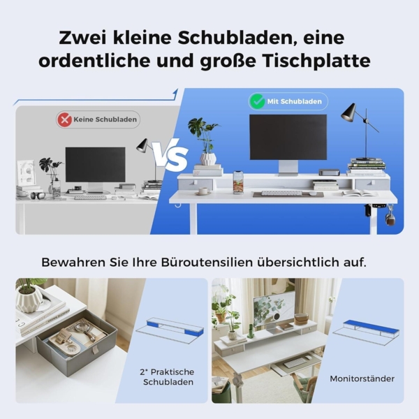 Höhenverstellbarer Schreibtisch 120x60cm 2 Schubladen Elektrisch Bild 5