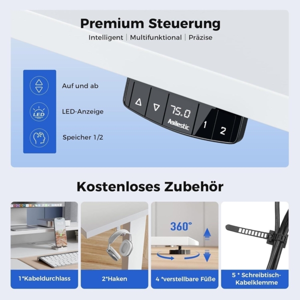 Höhenverstellbarer Schreibtisch 120x60cm 2 Schubladen Elektrisch Bild 6
