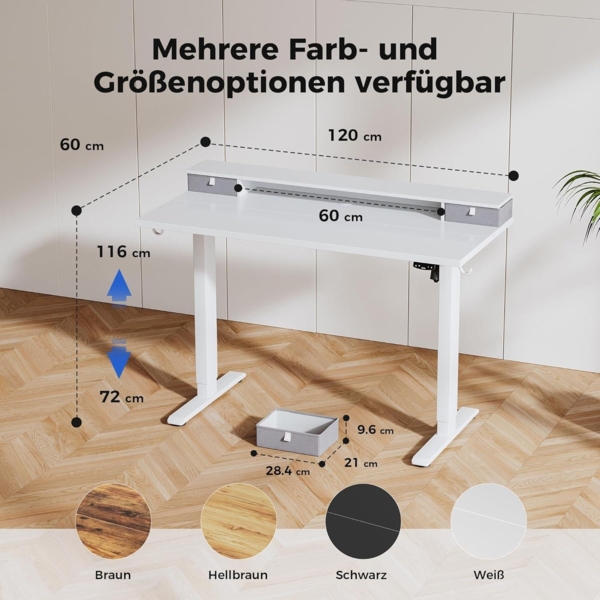 Höhenverstellbarer Schreibtisch 120x60cm 2 Schubladen Elektrisch Bild 2