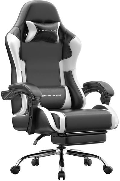 Dowinx Gaming Stuhl Bürostuhl Massage Gaming Sessel mit höhenverstellbaren Linkage-Armlehnen, ergonomischer Gamer Stuhl mit Fußstütze, gepolstert Gaming Chair 150° neigbar bis 180 kg, Weiß