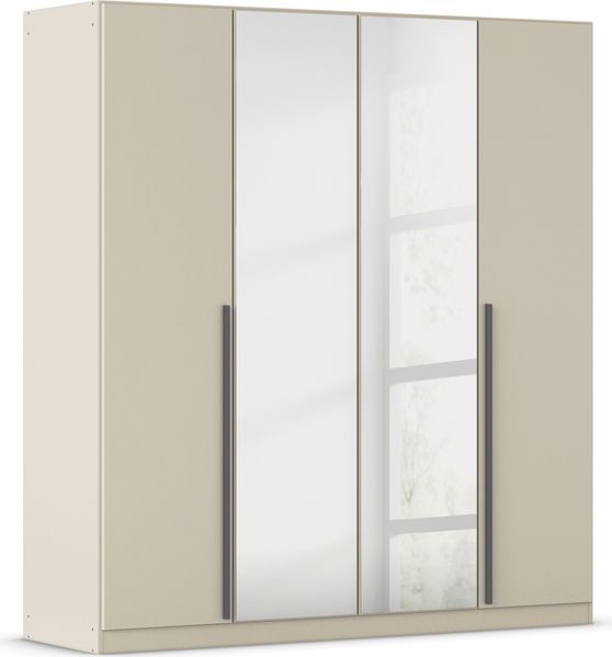 rauch Kleiderschrank Alba, Drehtürenschrank, Garderobenschrank, 4-türig, mit Spiegel, mit 2 Kleiderstangen und 2 Einlegeböden, Farbe Champagner, Beige, Griffstange Grau metallic, Schwarz, 181x197x56cm Bild 3
