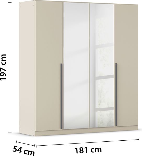 rauch Kleiderschrank Alba, Drehtürenschrank, Garderobenschrank, 4-türig, mit Spiegel, mit 2 Kleiderstangen und 2 Einlegeböden, Farbe Champagner, Beige, Griffstange Grau metallic, Schwarz, 181x197x56cm Bild 4