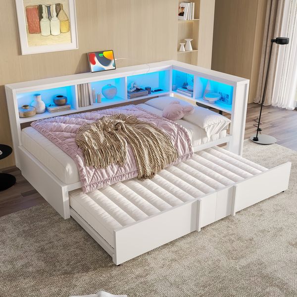 Bettgestell Bett mit Ausziehbett, RGB LED-Streifen, Lattenrost, Regal, Steckdosen und USB, Metallbett, 90x200 cm, Einzelbett
