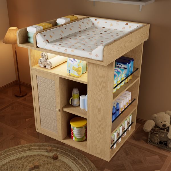 Merax Wickelkommode aus Holz, Naturfarben, mit verstellbarer LED-Beleuchtung (Farbe & Helligkeit), viel Stauraum & seitlichem Stauraum, Wickelplatz mit Trennwand