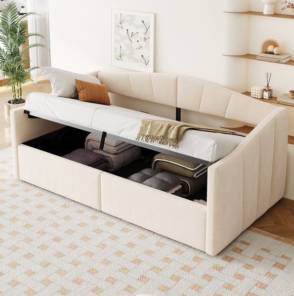 Polsterbett 90x200 cm mit Stauraum, Lattenrost und Armlehnen – Schlafsofa aus Samt in Beige