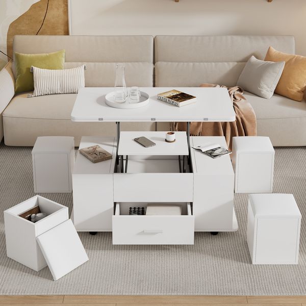 Couchtisch 100x50x45 cm, höhenverstellbar, ausziehbar, mit 4 Hockern, Schublade und offenem Stauraum, Weiß