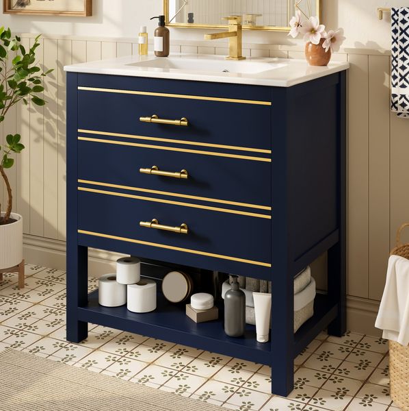 Waschtischunterschrank 76 cm mit Keramikbecken, 2 Schubladen & offenem Fach aus MDF in Schwarzblau