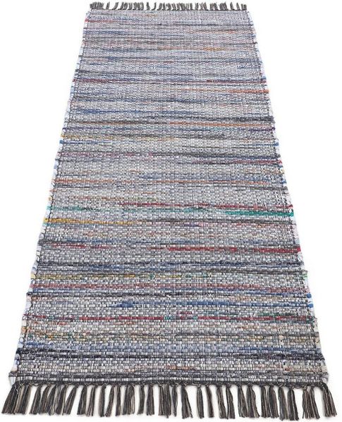 carpetfine 'Kelim Chindi' Teppich, Wendeteppich, rechteckig, Höhe: 6 mm, handgewebt, mit Fransen, Grau, 60x180 cm
