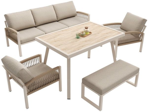 KLAM HOME Gartenlounge-Set Gartenlounge-Set 7 Personen Handgeflochten, Eisengestell Beige, (8cm Polster Glas-Tisch Holzoptik), Wetterfest Terrassen-Garnitur mit Sesseln